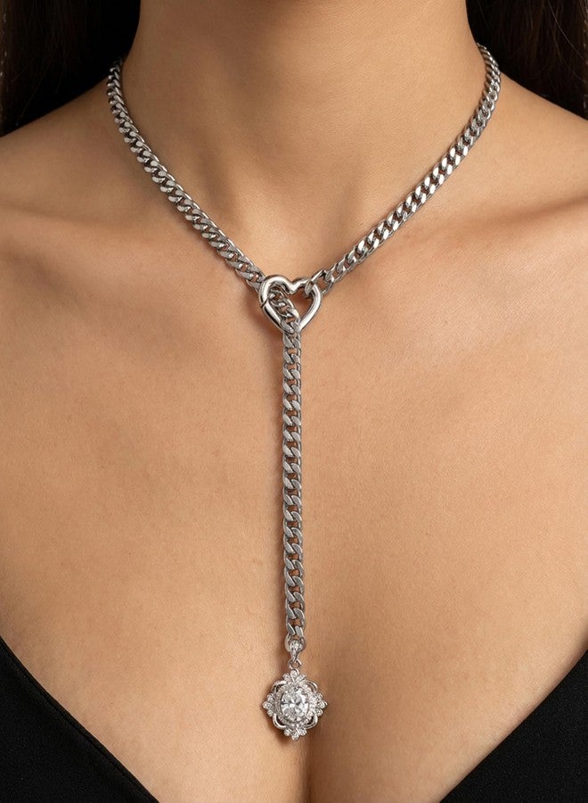 EverGlimp Heart Slip Chain Necklace for Women, Silver Cuban Chain Y-Necklace with Adjustable Heart O-Ring & Crystal Pendant, Long Lariat Statement Jewelry (25 Inch) - Image 5