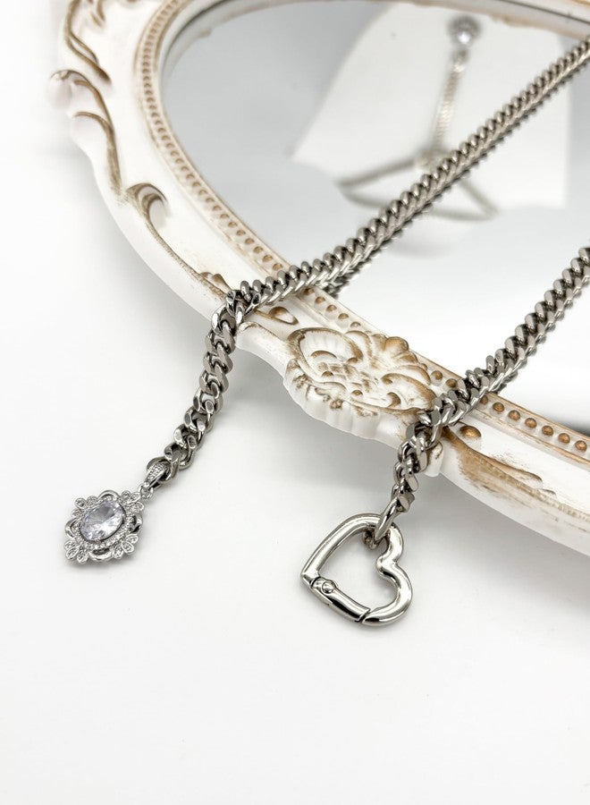 EverGlimp Heart Slip Chain Necklace for Women, Silver Cuban Chain Y-Necklace with Adjustable Heart O-Ring & Crystal Pendant, Long Lariat Statement Jewelry (25 Inch) - Image 3