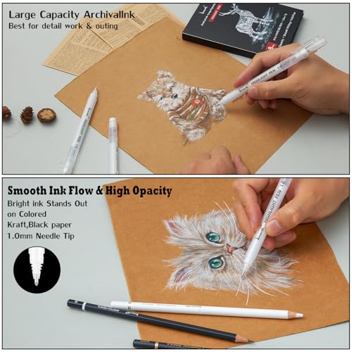 Brusarth 1.0mm Fine Point White Gel Pens, 8 Pack for Artists Drawing, Sketching, Illustration, and Adult Coloring Books, Opaque White Ink for Black Paper, Bullet Journaling, and Card Making - Image 5