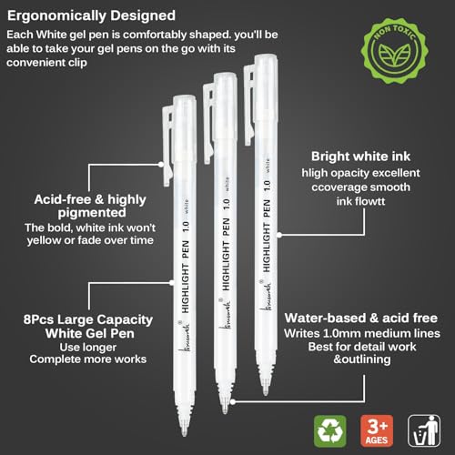 Brusarth 1.0mm Fine Point White Gel Pens, 8 Pack for Artists Drawing, Sketching, Illustration, and Adult Coloring Books, Opaque White Ink for Black Paper, Bullet Journaling, and Card Making - Image 2
