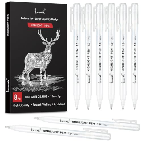 Brusarth 1.0mm Fine Point White Gel Pens, 8 Pack for Artists Drawing, Sketching, Illustration, and Adult Coloring Books, Opaque White Ink for Black Paper, Bullet Journaling, and Card Making - Image 1
