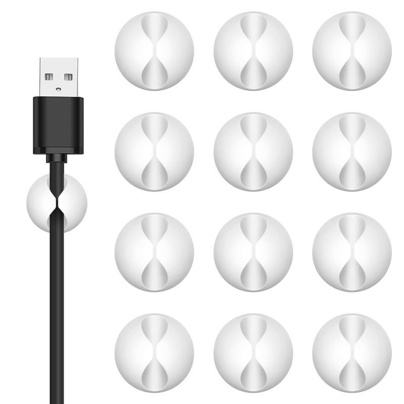 Flezoo Cord Holder Cable Clips, 12PCS White Adhesive Cord Organizer Charger Holder Wire Management Keeper for Nightstand, Desk, Office or Mouse - Image 1