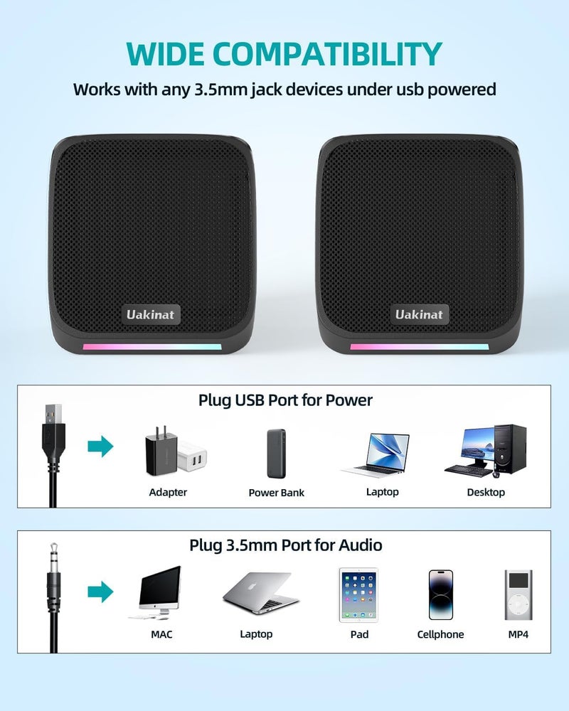 Uakinat Computer Speakers for Desktop PC,Desktop Speakers,Small Computer Speakers USB Powered 3.5mm Aux Speaker - Image 3