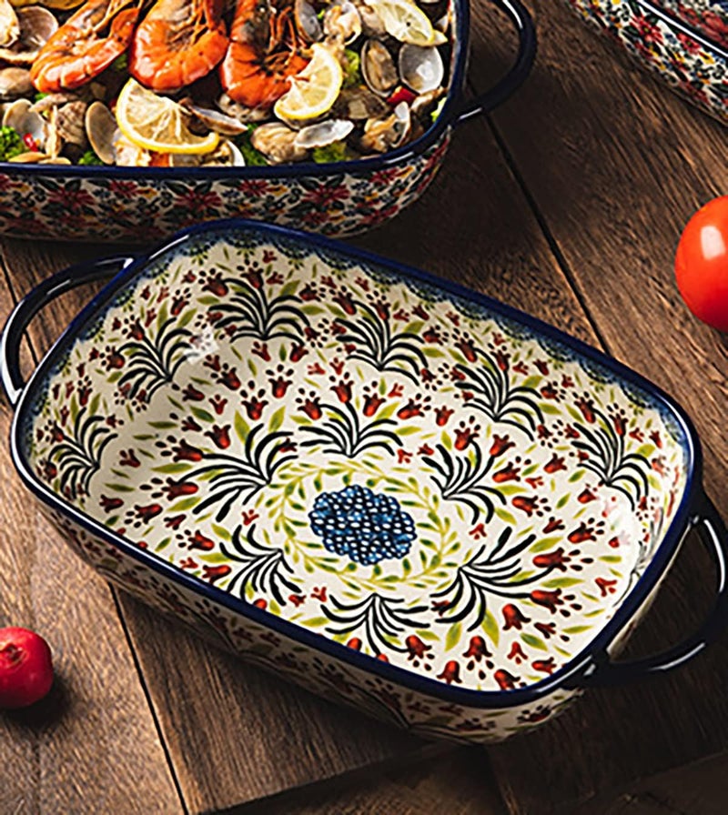 Bicuzat طبق خبز سيراميكي على الطراز القديم بنمط زهور التوليب، طبق خزفي، صينية لازانيا، بمقابض للفرن/الطهي/المطبخ - قطعة واحدة - 1.7 لتر - Image 4