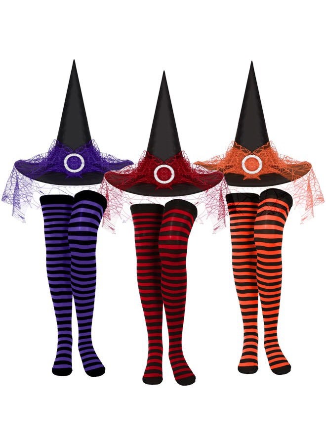 Sintege 3 Pieces Halloween Witch Hats for Women and 3 Pairs Halloween Long Striped Socks Thigh High Socks Witch Accessories for Halloween Cosplay Party Costumes, Multicolored, One size - Image 1