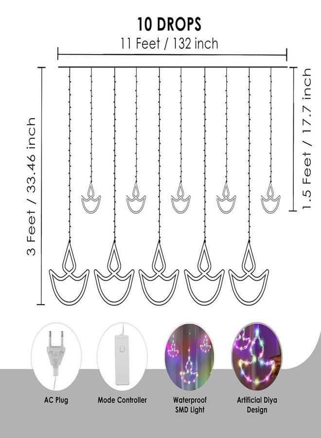 Litehom 10 Diya Curtain Fairy Lights - 120 LED String, 8 Modes, Multi-Colour Decoration Lights for Diwali, Navratri, Christmas & New Year Home Decor (Warm White) - Image 3
