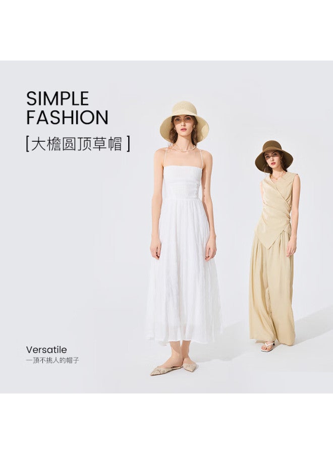 Fancet Women's Summer Straw Hat Simple Round Top Fisherman Hat For Travel Vacation Wide Brim Sun Hat Elegant Hepburn Style Sun Hat - Image 3