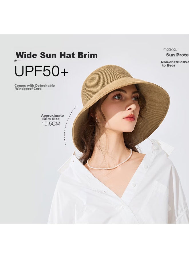 Fancet Women's Summer Straw Hat Simple Round Top Fisherman Hat For Travel Vacation Wide Brim Sun Hat Elegant Hepburn Style Sun Hat - Image 5
