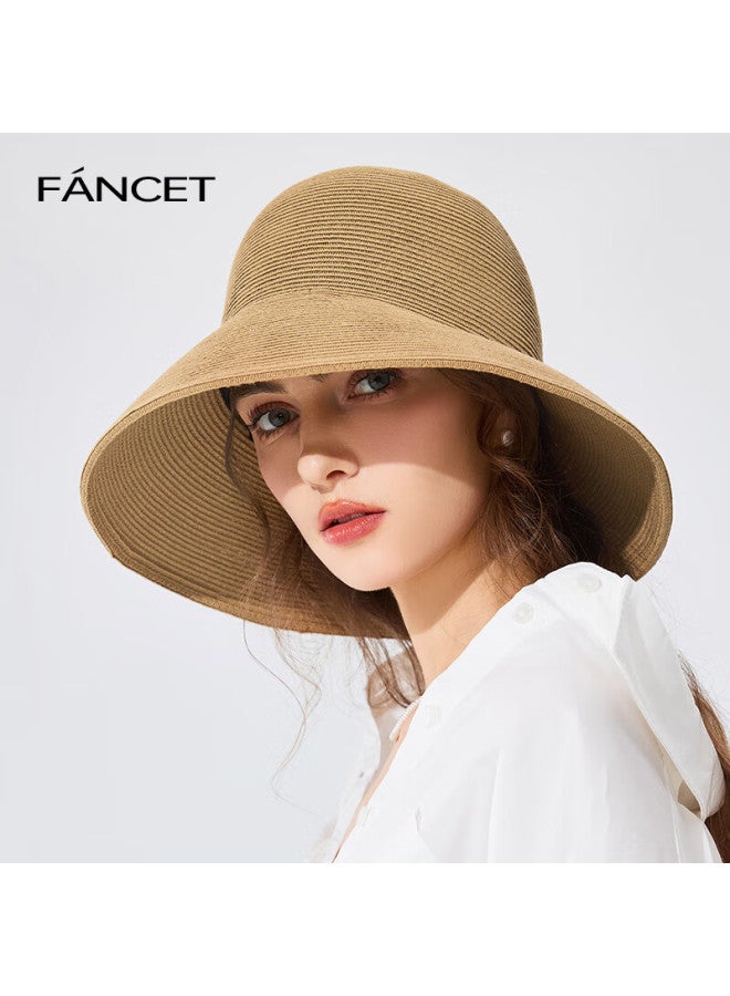 Fancet Women's Summer Straw Hat Simple Round Top Fisherman Hat For Travel Vacation Wide Brim Sun Hat Elegant Hepburn Style Sun Hat - Image 2