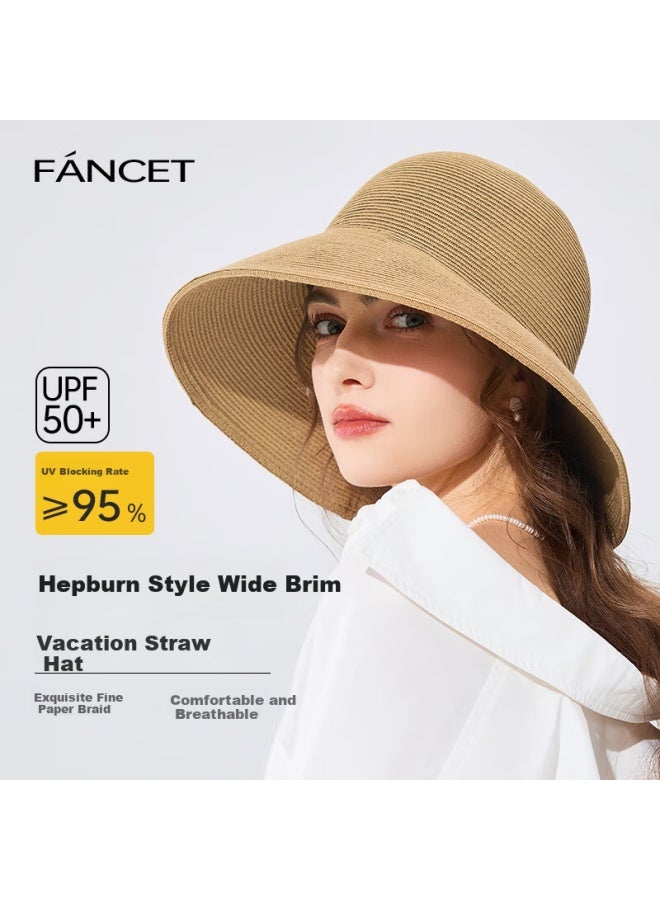 Fancet Women's Summer Straw Hat Simple Round Top Fisherman Hat For Travel Vacation Wide Brim Sun Hat Elegant Hepburn Style Sun Hat - Image 1