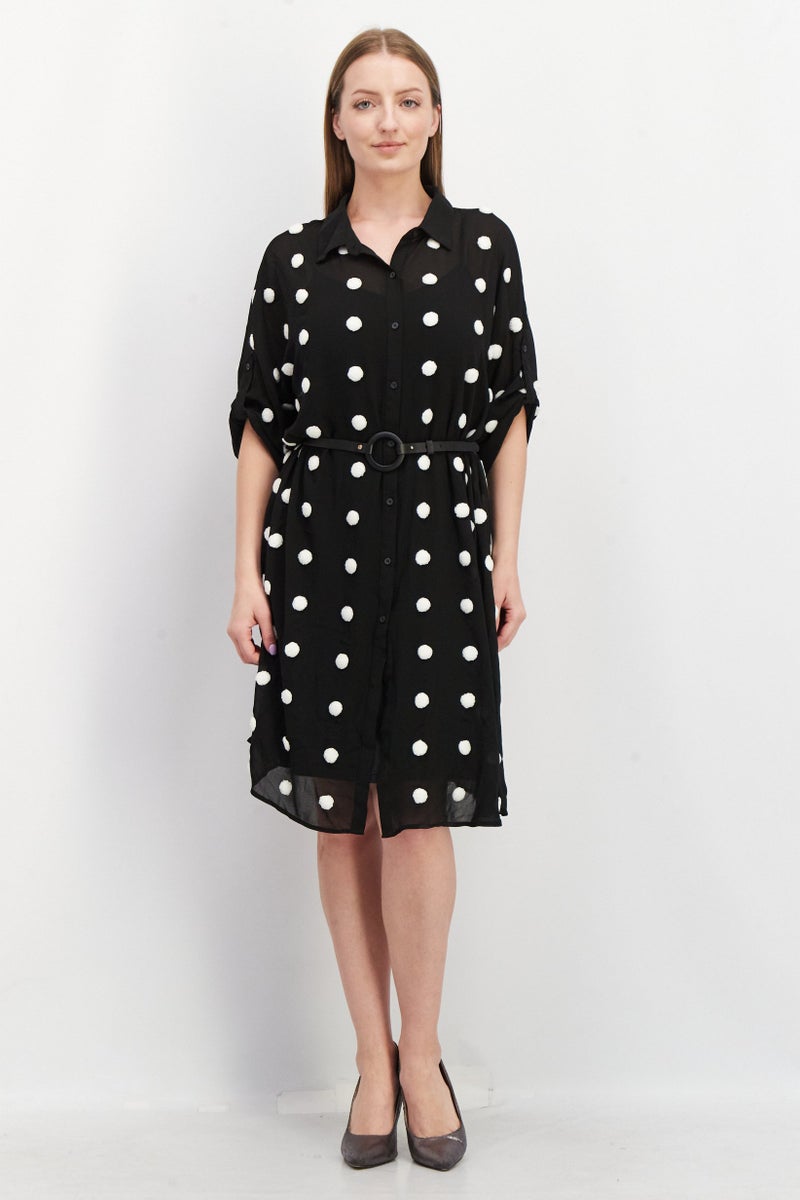 VERO MODA فستان قميص بنقاط بولكا للنساء، أسود - Image 1