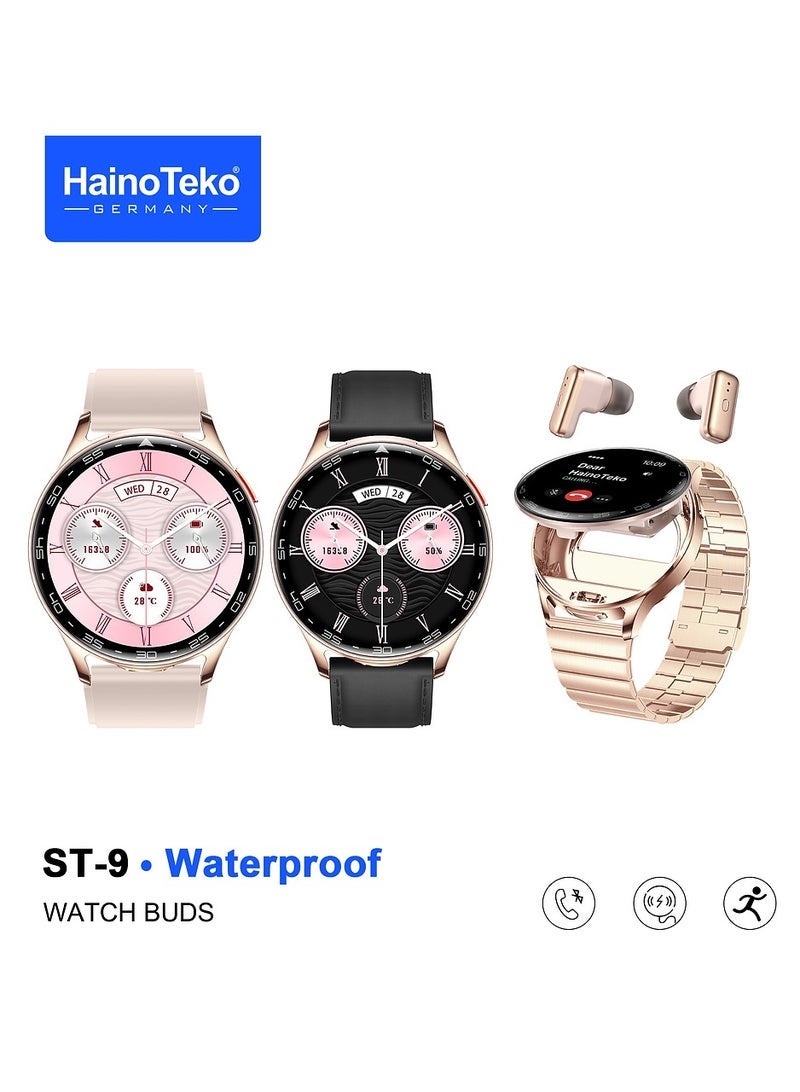 Haino Teko ST-9 Smart Watch Buds Combo – Waterproof Smartwatch with Integrated Wireless Earbuds, 3 Pairs of Interchangeable Straps, Charging Cable, Heart Rate & Sleep Tracking, Fitness Modes, Long Battery Life, Stylish Design for Ladies and Gents - Image 1