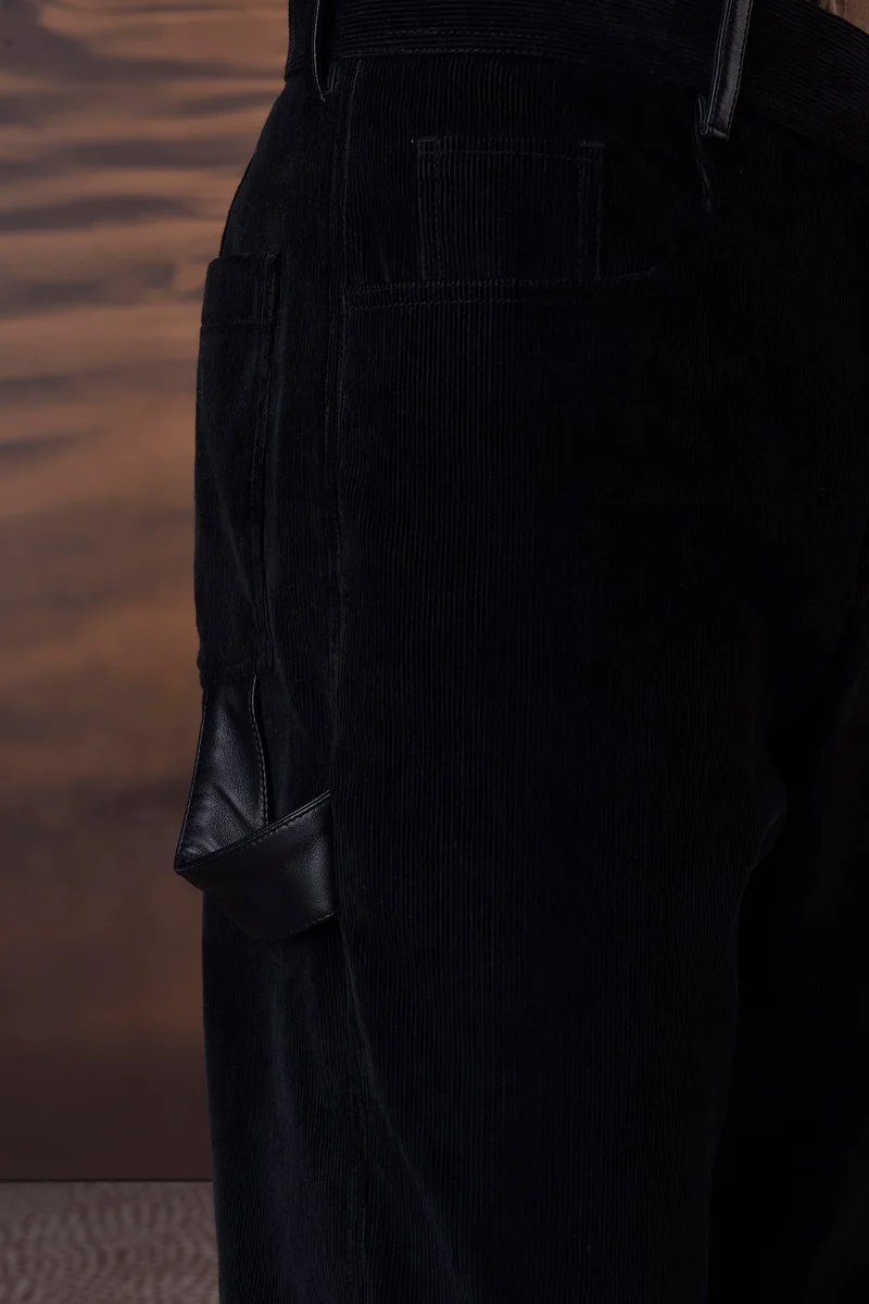 Genes Lecoanet Hemant Classic Black Corduroy Trousers with Leather Detail