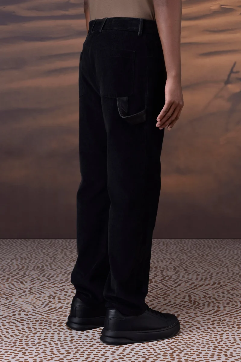 Genes Lecoanet Hemant Classic Black Corduroy Trousers with Leather Detail