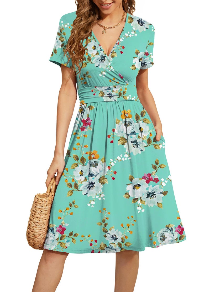 WEACZZY Summer Dresses for Women Floral Sundresses Casual Short Sleeve Vacation Travel Dress Flowy Beach Dresses with Pockets,Floral Mint Green,XL - Image 1