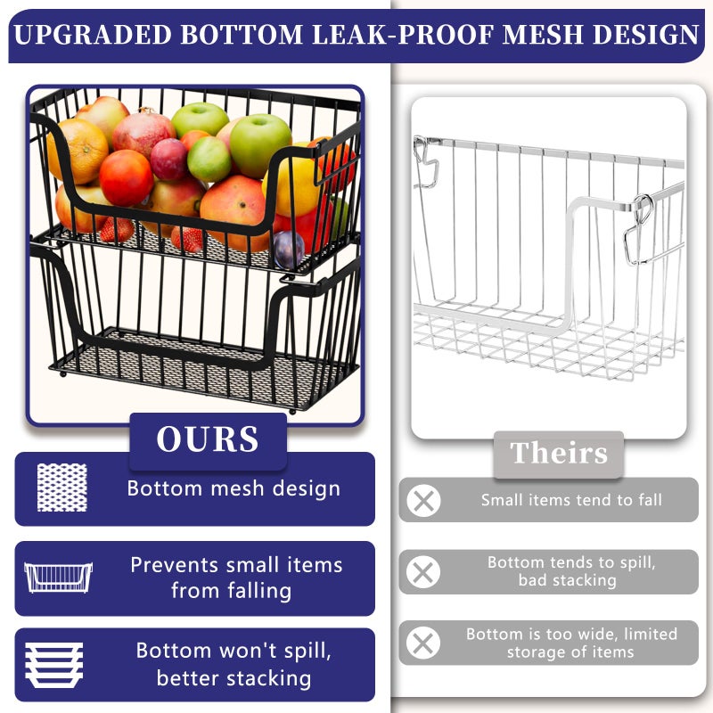 ANJUBAN 4 Pack Enhanced Leak-Proof Bottom Stackable Wire Baskets, Pantry Organizers and Storage, pantry storageï¼ŒShelf Baskets, Fruit Basket, Potato and Onion Storage Binsï¼Œ(Black) - Image 4