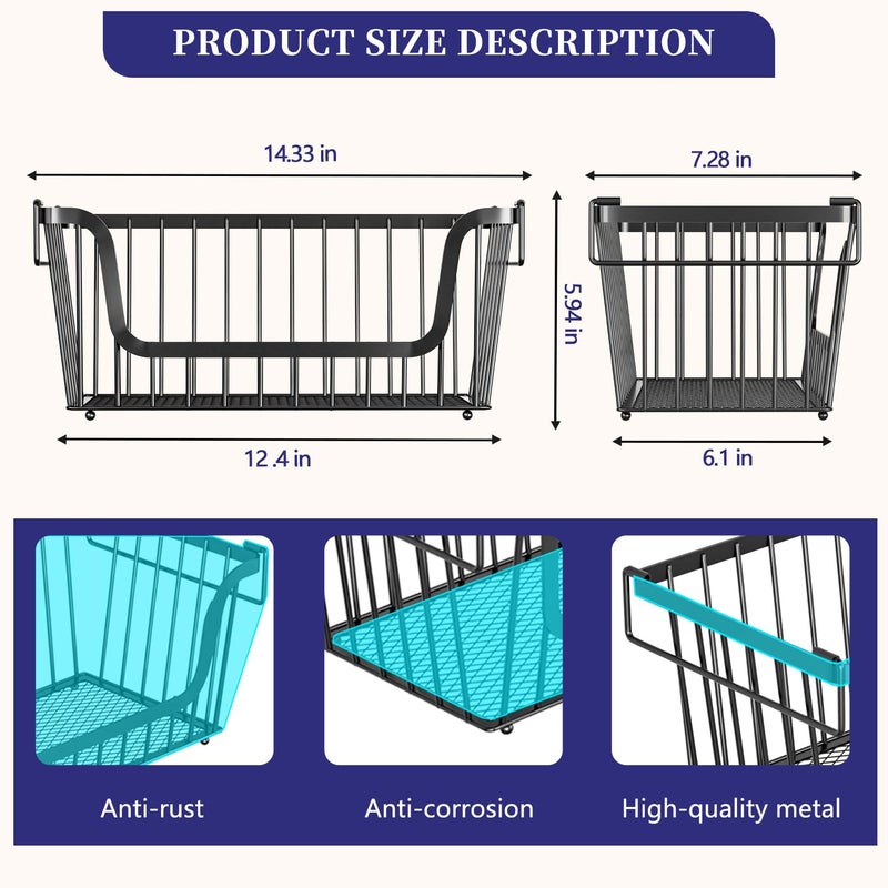 ANJUBAN 4 Pack Enhanced Leak-Proof Bottom Stackable Wire Baskets, Pantry Organizers and Storage, pantry storageï¼ŒShelf Baskets, Fruit Basket, Potato and Onion Storage Binsï¼Œ(Black) - Image 5
