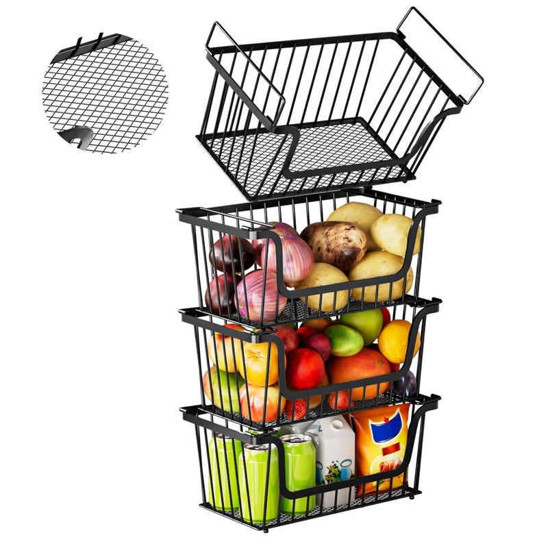 ANJUBAN 4 Pack Enhanced Leak-Proof Bottom Stackable Wire Baskets, Pantry Organizers and Storage, pantry storageï¼ŒShelf Baskets, Fruit Basket, Potato and Onion Storage Binsï¼Œ(Black) - Image 1