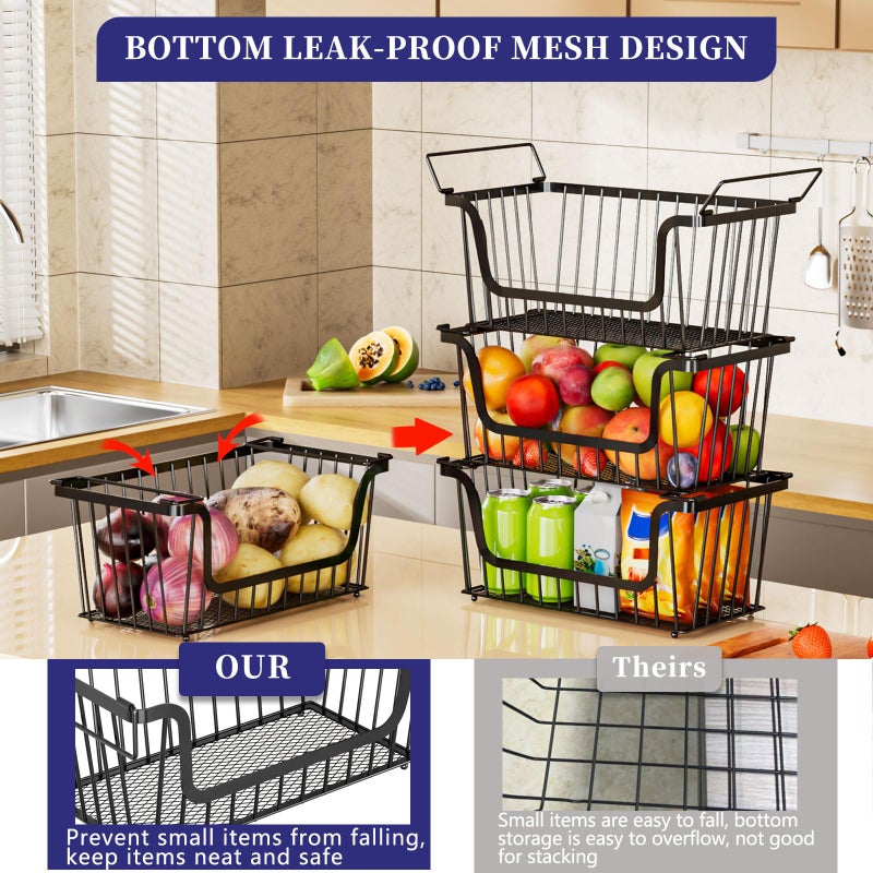 ANJUBAN 4 Pack Enhanced Leak-Proof Bottom Stackable Wire Baskets, Pantry Organizers and Storage, pantry storageï¼ŒShelf Baskets, Fruit Basket, Potato and Onion Storage Binsï¼Œ(Black) - Image 2
