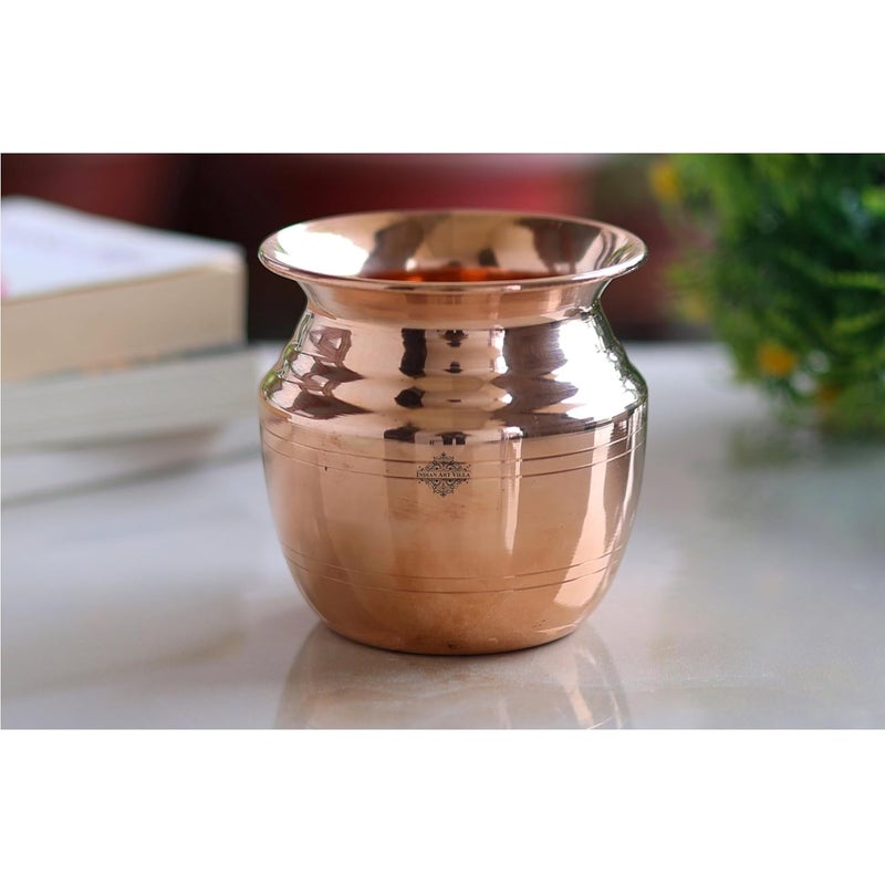 INDIAN ART VILLA Pure Copper Lota Kalash Wavy Neck Lining Design Spiritual and Pooja Item Storage Serving Water 400 ml Capacity - Image 1