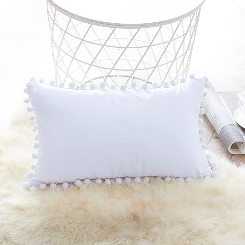 Topfinel Top Finel Pack of 2 Decorative Throw Pillow Covers 12x20 for Bed Car  Pure White Lumbar Pillow Covers with Pom Poms Soft Velvet Couch Sofa Pillowcases Modern Aesthetic Home Dedor - Image 5