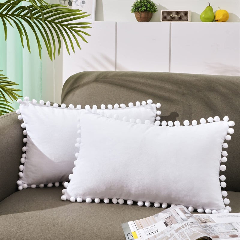 Topfinel Top Finel Pack of 2 Decorative Throw Pillow Covers 12x20 for Bed Car  Pure White Lumbar Pillow Covers with Pom Poms Soft Velvet Couch Sofa Pillowcases Modern Aesthetic Home Dedor - Image 1