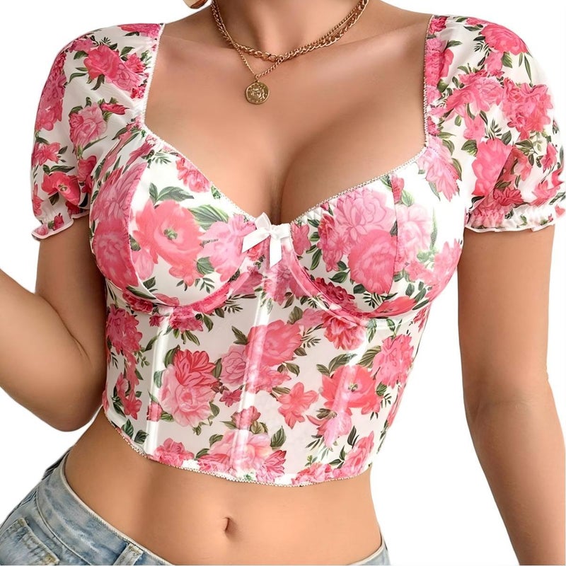 تي شيرت موضة رائج بطبعة زهور جذابة وتصميم عظم السمك - Image 1