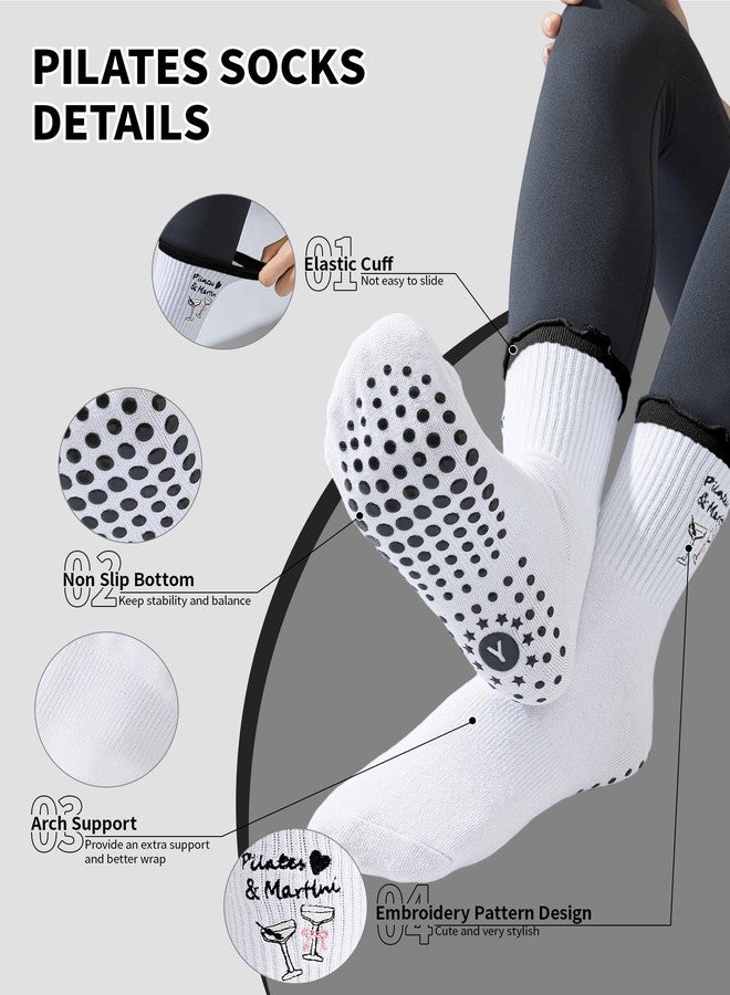 Yawlsow Cute Pilates Grip Socks for Women Ruffle Frilly Yoga Socks Non Slip Cotton Crew Grippy Sock for Barre Workout, 1 Pack-black-martini, One size - Image 2