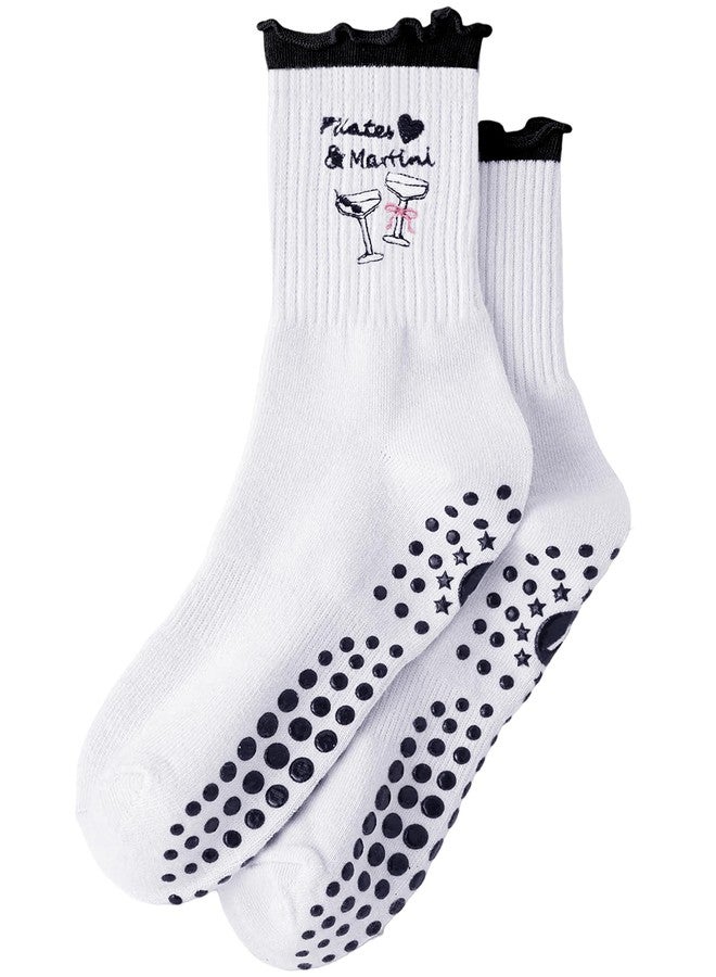 Yawlsow Cute Pilates Grip Socks for Women Ruffle Frilly Yoga Socks Non Slip Cotton Crew Grippy Sock for Barre Workout, 1 Pack-black-martini, One size - Image 1