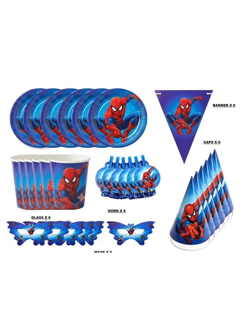 37 Pcs Spiderman Web Theme Kids Party Set, Birthday Party Tableware Kit with Plates, Cups, Tissues, Masks, Straws, Paper Hats and Banner - Image 2