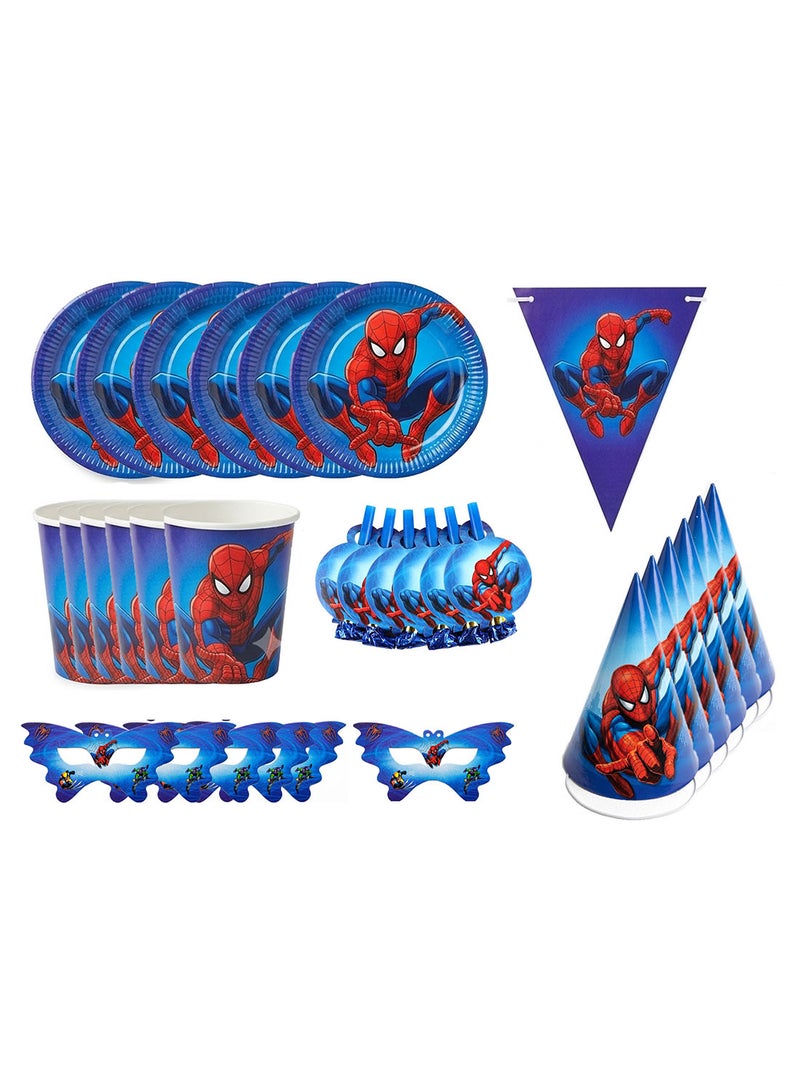 37 Pcs Spiderman Web Theme Kids Party Set, Birthday Party Tableware Kit with Plates, Cups, Tissues, Masks, Straws, Paper Hats and Banner - Image 1