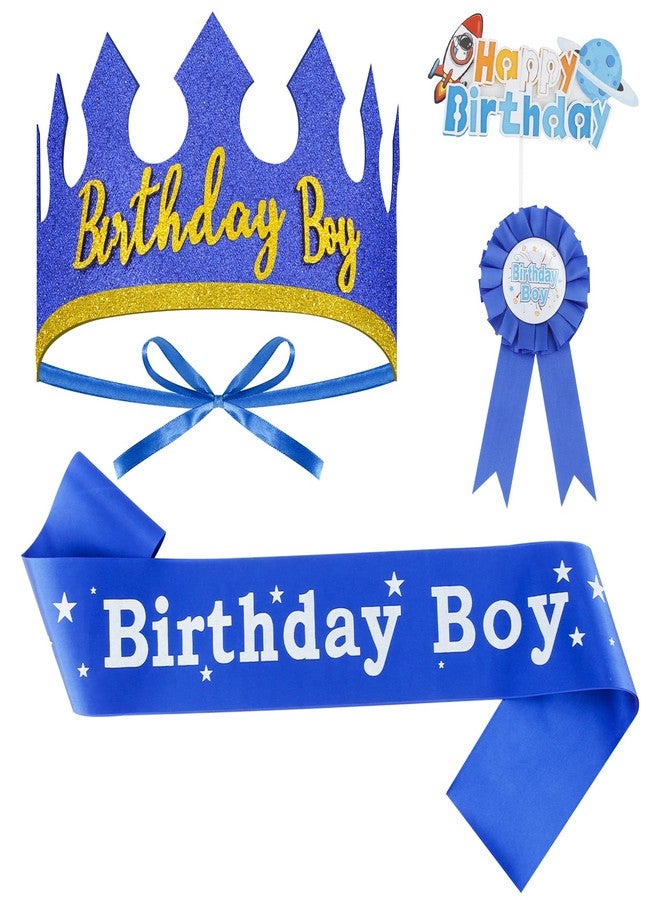 Aprince Blue Birthday Hat, Sash and Button Pins for Boys, Cake Topper - Birthday Party Decorations - Image 1