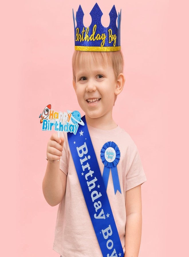 Aprince Blue Birthday Hat, Sash and Button Pins for Boys, Cake Topper - Birthday Party Decorations - Image 2