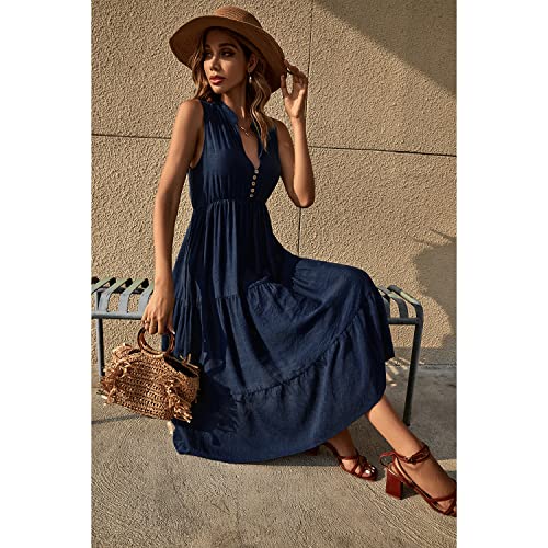 BROVAVE Womens 2025 Summer Sleeveless Shirt Dress Collar Striped V Neck Casual Midi Dresses(Navy, S) - Image 4