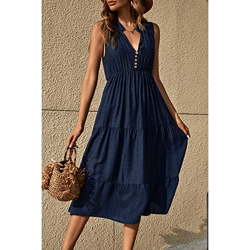 BROVAVE Womens 2025 Summer Sleeveless Shirt Dress Collar Striped V Neck Casual Midi Dresses(Navy, S) - Image 2