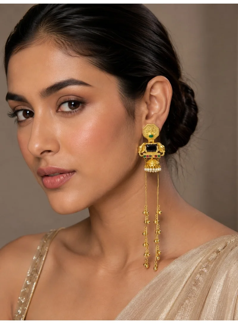 Lehar Imitation Gold-Tone Black Mirror Pearl Statement Long Kashir Dangler Earrings