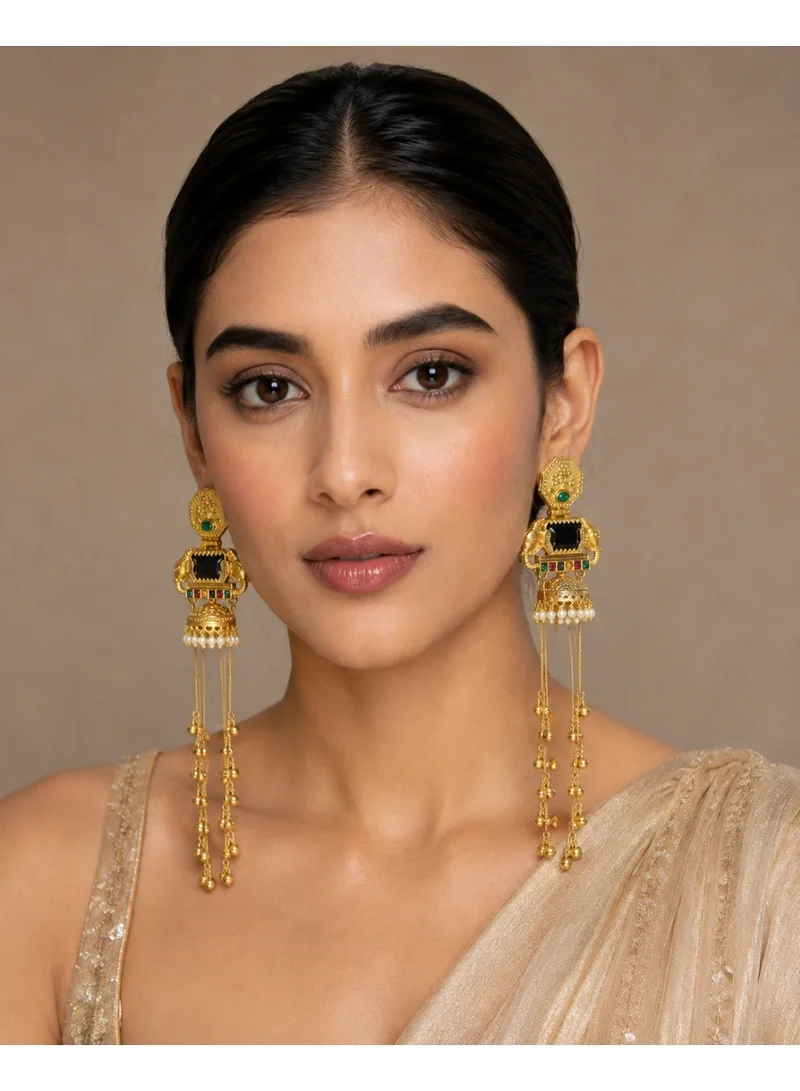 Lehar Imitation Gold-Tone Black Mirror Pearl Statement Long Kashir Dangler Earrings