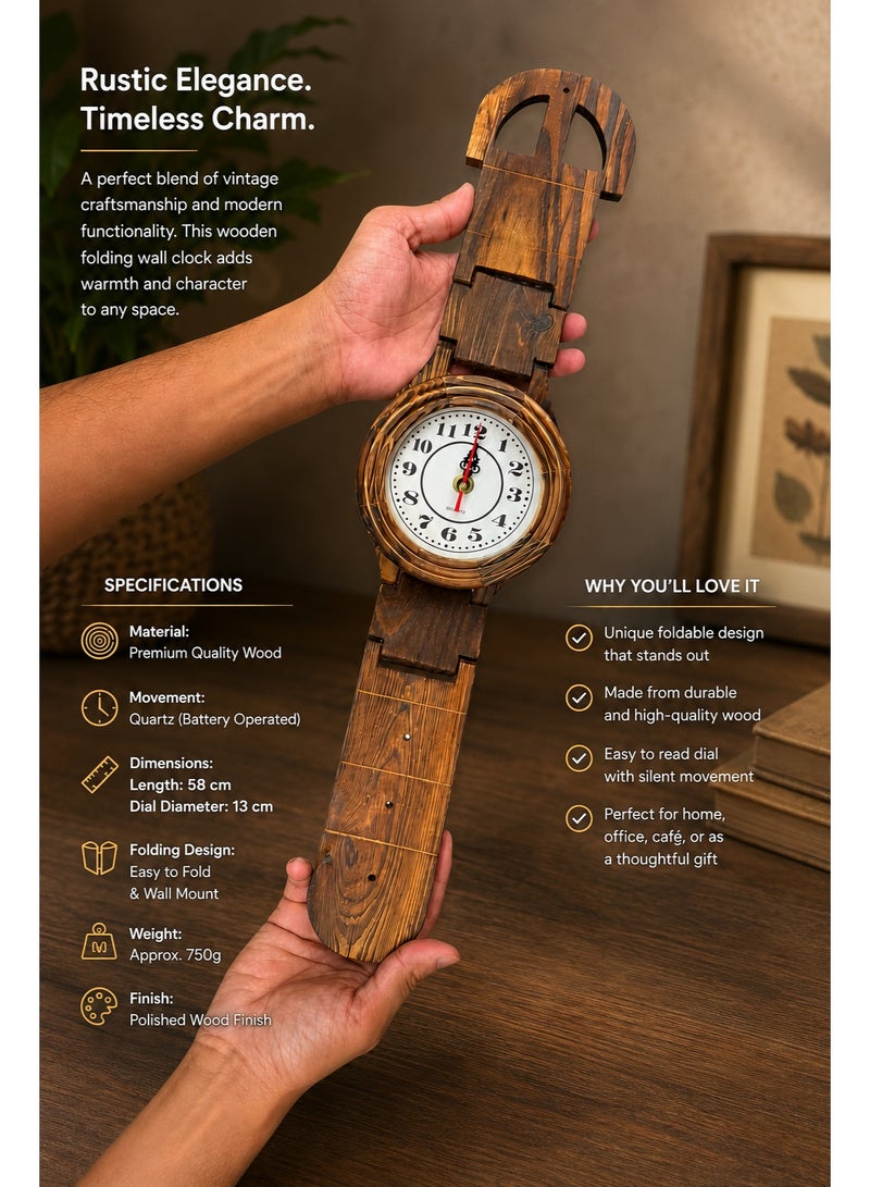 Handcrafted Wooden Folding Wall Clock, Wristwatch Design, Silent Quartz Movement - Image 3