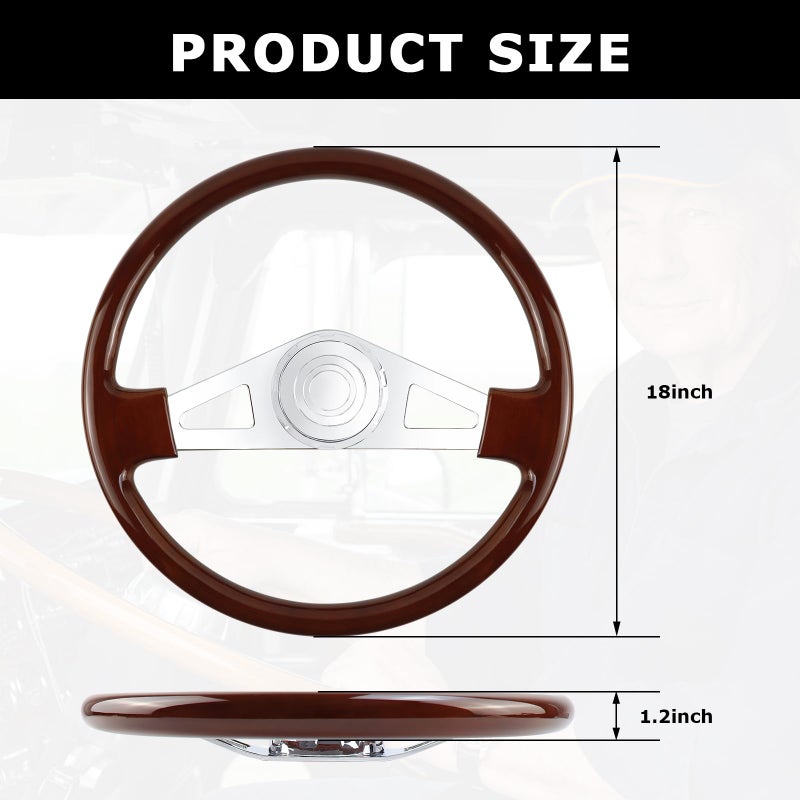 QYMOPAY 18" Solid Wood Truck Steering Wheel 2 Spoke Aluminum Chrome Plated for Semi-Trailers,Trucks for Kenworth,Peterbilt,Volvo,Freightliner - Image 2