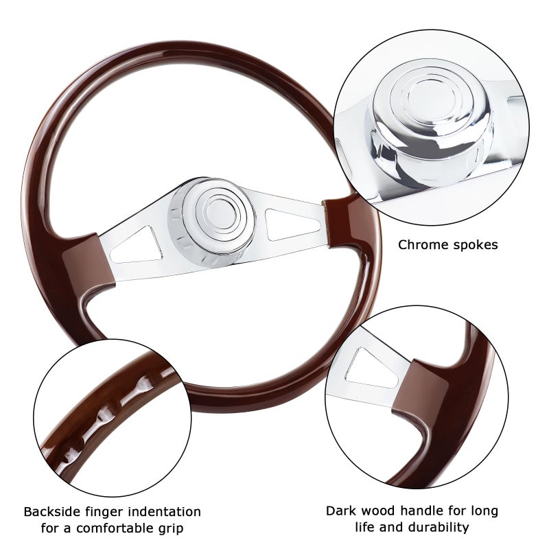 QYMOPAY 18" Solid Wood Truck Steering Wheel 2 Spoke Aluminum Chrome Plated for Semi-Trailers,Trucks for Kenworth,Peterbilt,Volvo,Freightliner - Image 3