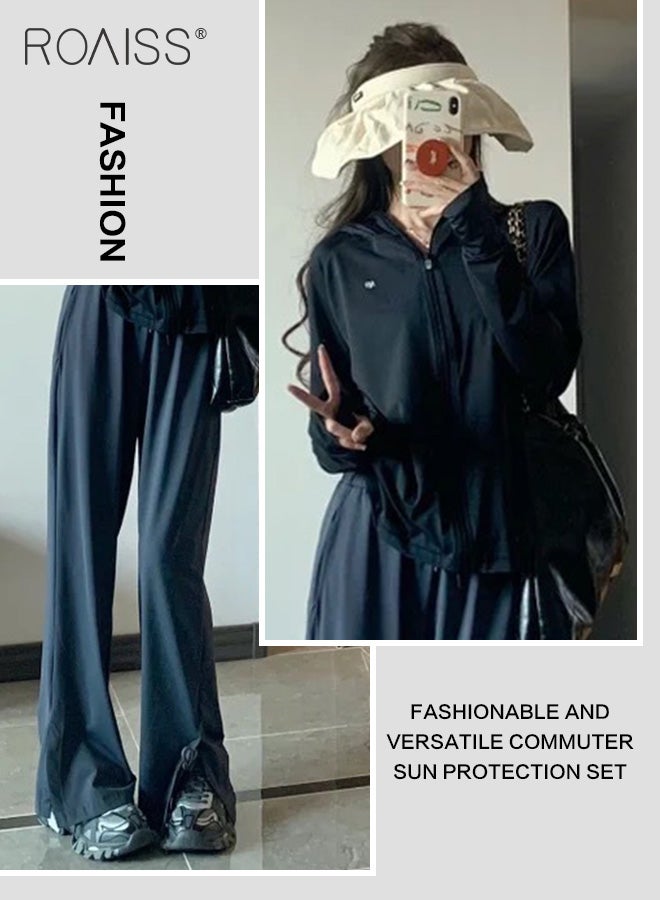 roaiss 2-Piece Casual Sun Protection Suit For Women, Outdoor Travel Quick-Drying Ice Silk Hooded Long-Sleeved Top And Loose Straight Pants Set - Image 1