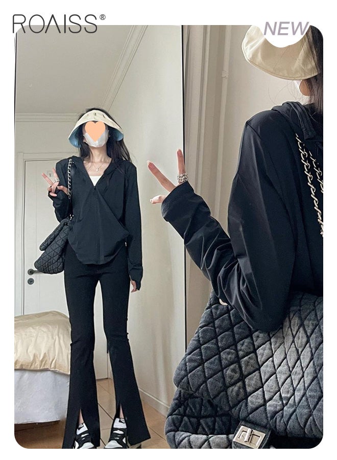 roaiss 2-Piece Casual Sun Protection Suit For Women, Outdoor Travel Quick-Drying Ice Silk Hooded Long-Sleeved Top And Loose Straight Pants Set - Image 2