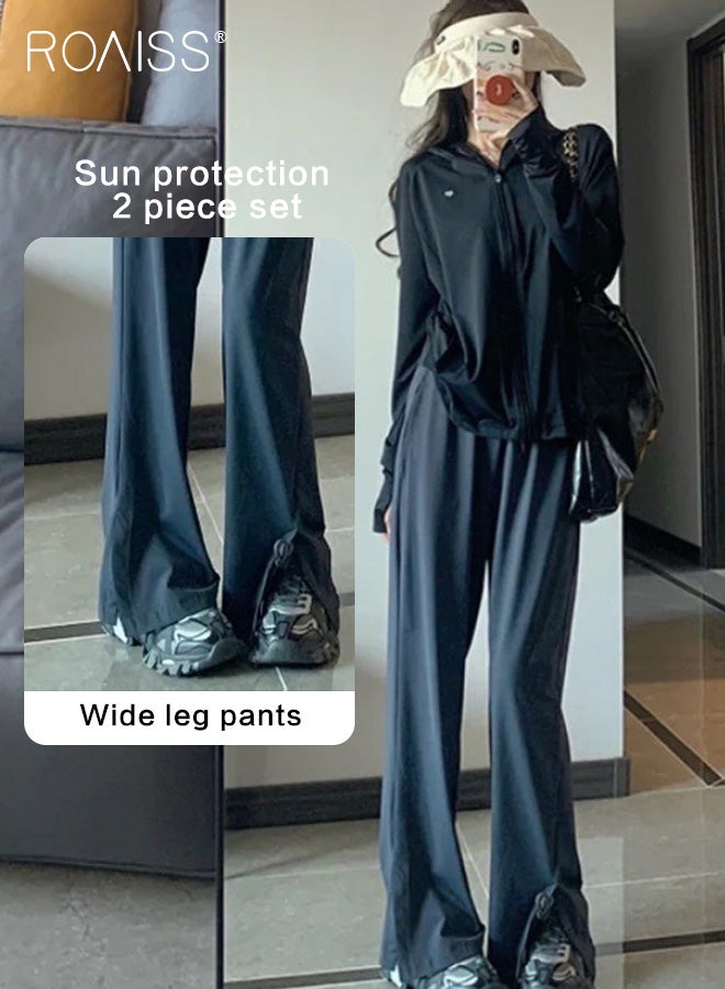 roaiss 2-Piece Casual Sun Protection Suit For Women, Outdoor Travel Quick-Drying Ice Silk Hooded Long-Sleeved Top And Loose Straight Pants Set - Image 4