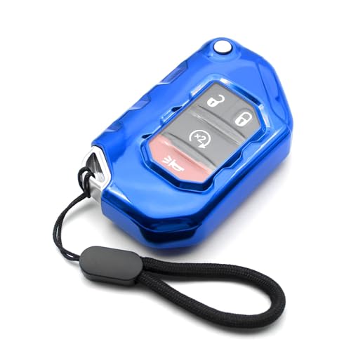 MECHCOS Compatible with Jeep Wrangler JL JLU Rubicon Wagoneer Gladiator JT Sahara JLU Blue TPU Flip Key Fob Cover Case Remote Holder Skin Protector Sleeve Accessories - Image 1