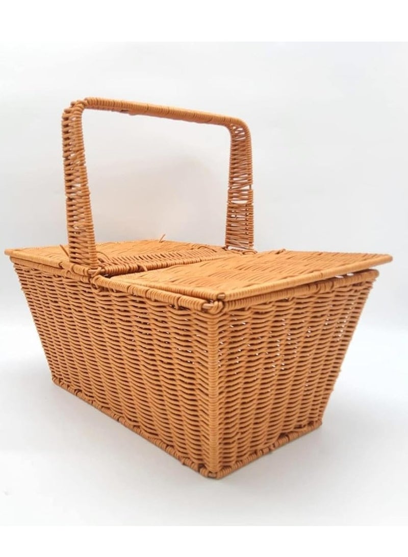 HOME TASTE Rattan Picnic Basket Handmade Woven Storage Basket with Lid and Handle for Picnic Shopping Camping Home Decor - Image 1