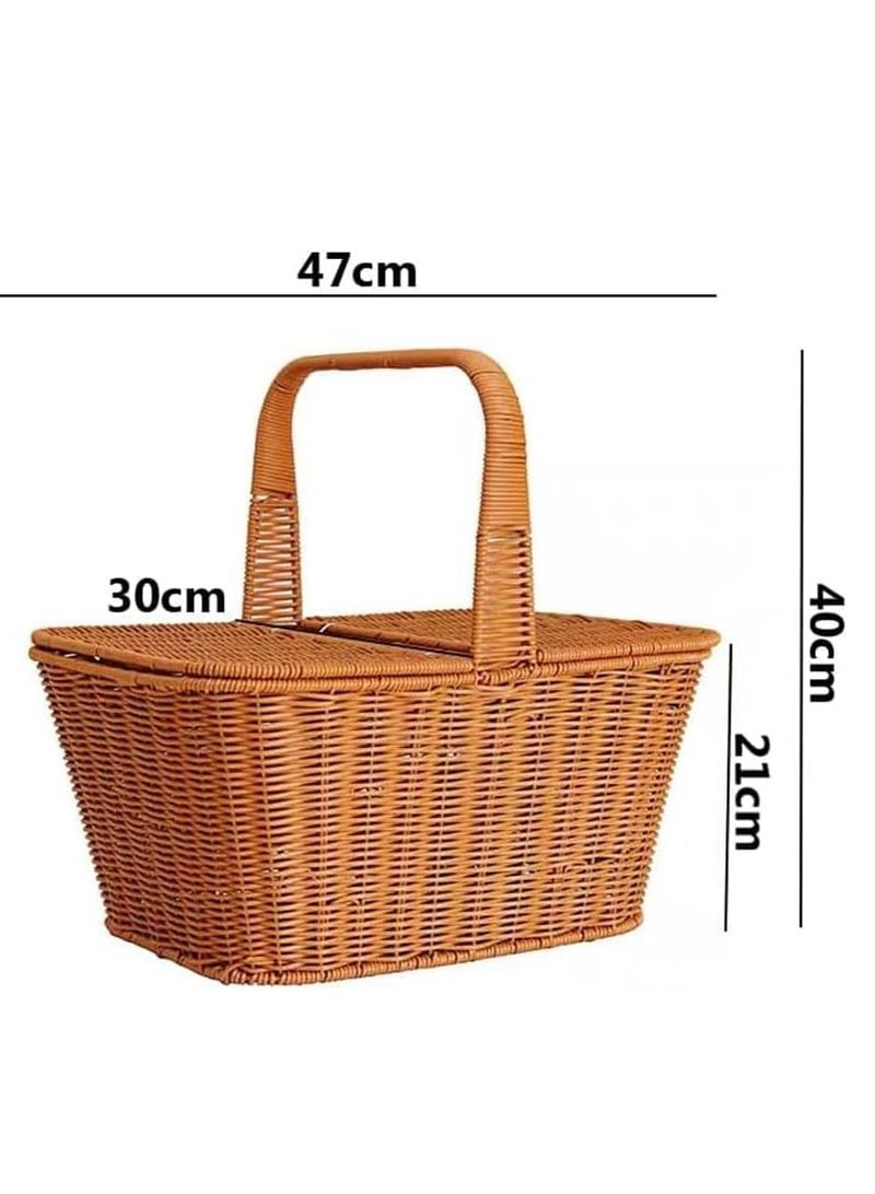 HOME TASTE Rattan Picnic Basket Handmade Woven Storage Basket with Lid and Handle for Picnic Shopping Camping Home Decor - Image 2