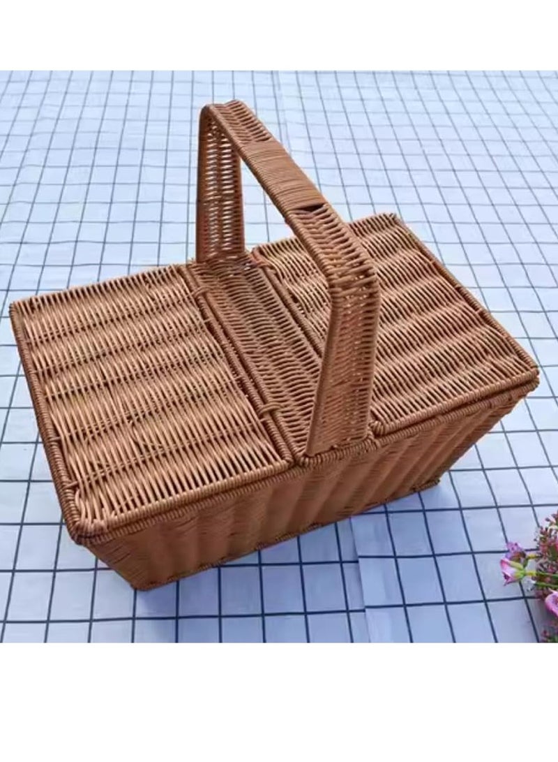 HOME TASTE Rattan Picnic Basket Handmade Woven Storage Basket with Lid and Handle for Picnic Shopping Camping Home Decor - Image 3