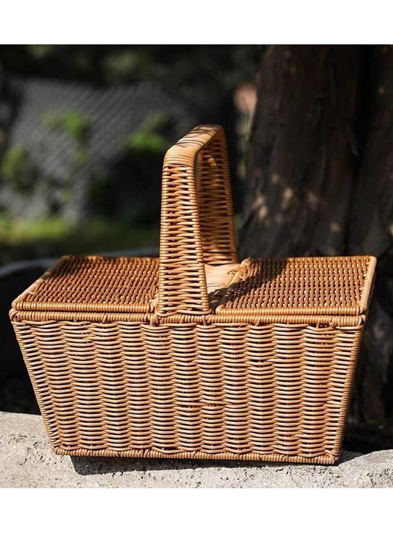 HOME TASTE Rattan Picnic Basket Handmade Woven Storage Basket with Lid and Handle for Picnic Shopping Camping Home Decor - Image 4