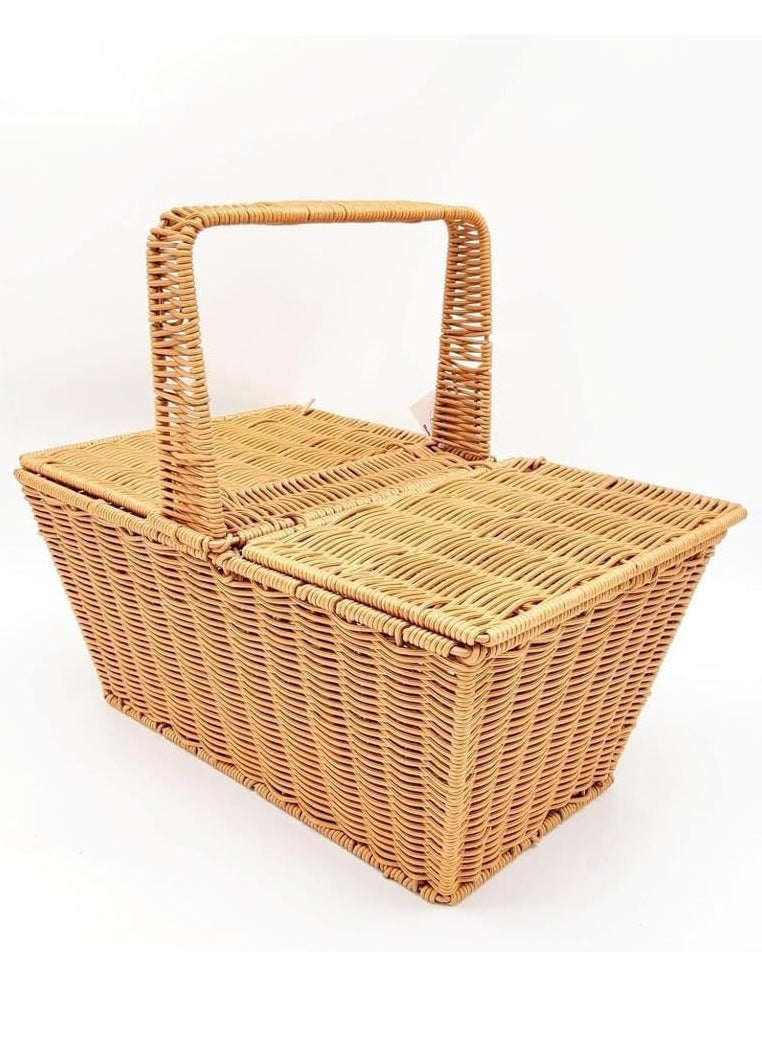 HOME TASTE Rattan Picnic Basket Handmade Woven Storage Basket with Lid and Handle for Picnic Shopping Camping Home Decor - Image 5