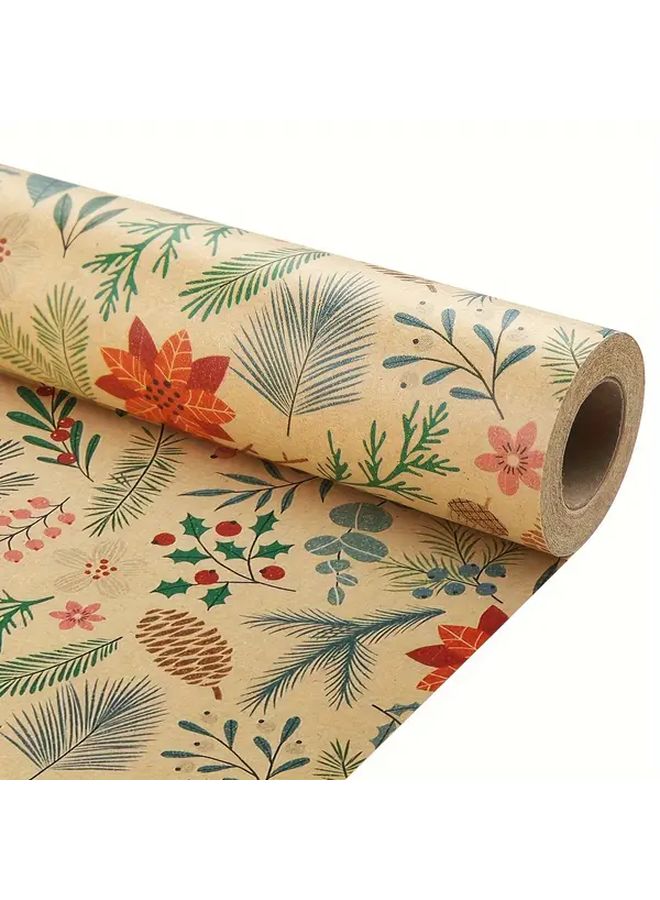 Rustic Christmas Gift Wrapping Paper Kraft Brown Floral Leaf Tree Reindeer Design 16.93x393.7 Inch - Image 2